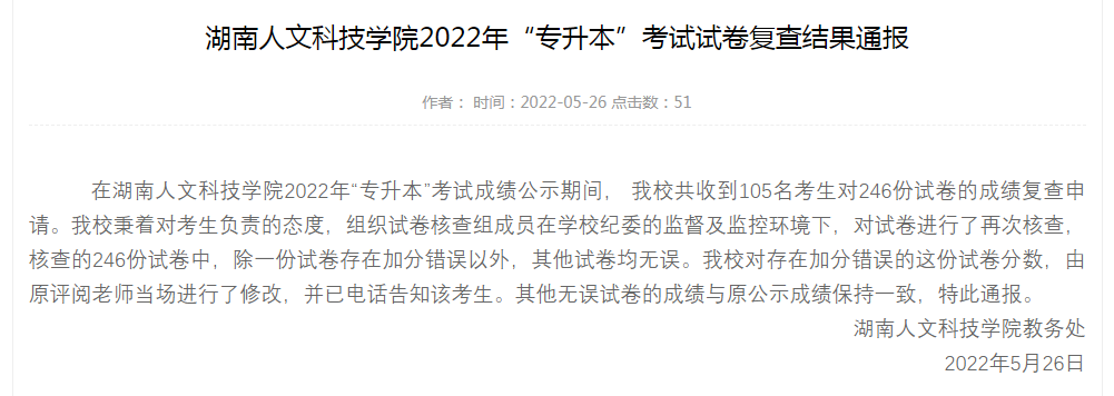 2022年湖南人文科技學院專升本考試試卷復查結果通報