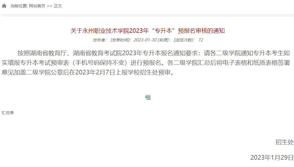 關于永州職業(yè)技術學院2023年“專升本”預報名審核的通知