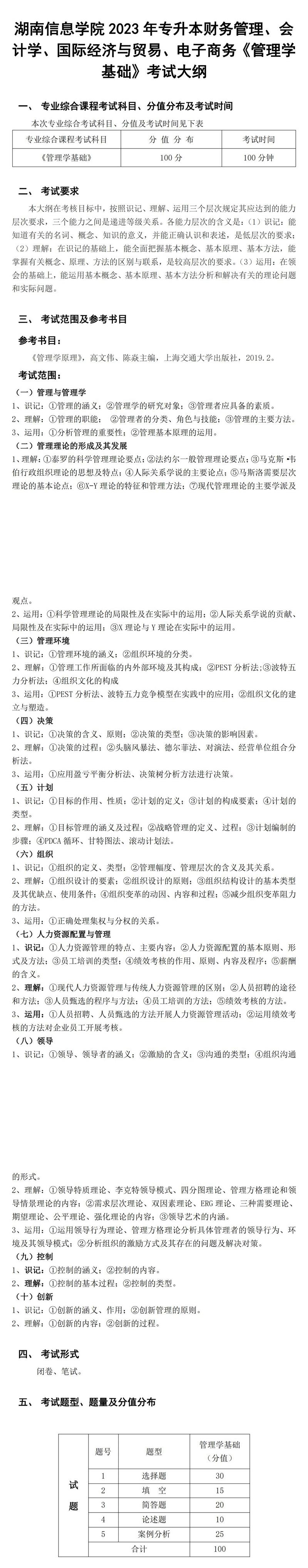 2023年湖南信息學(xué)院專升本會(huì)計(jì)專業(yè)《管理學(xué)基礎(chǔ)》考試大綱(圖1)