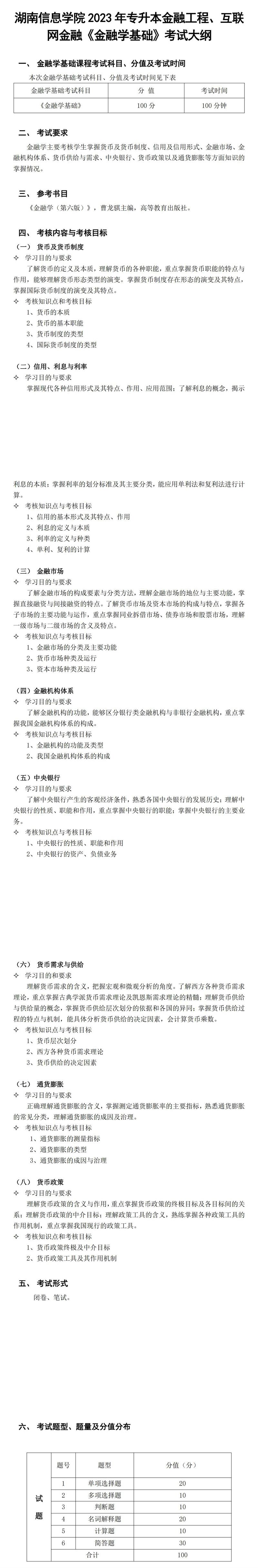 2023年湖南信息學(xué)院專升本互聯(lián)網(wǎng)金融專業(yè)《金融學(xué)基礎(chǔ)》考試大綱(圖1)