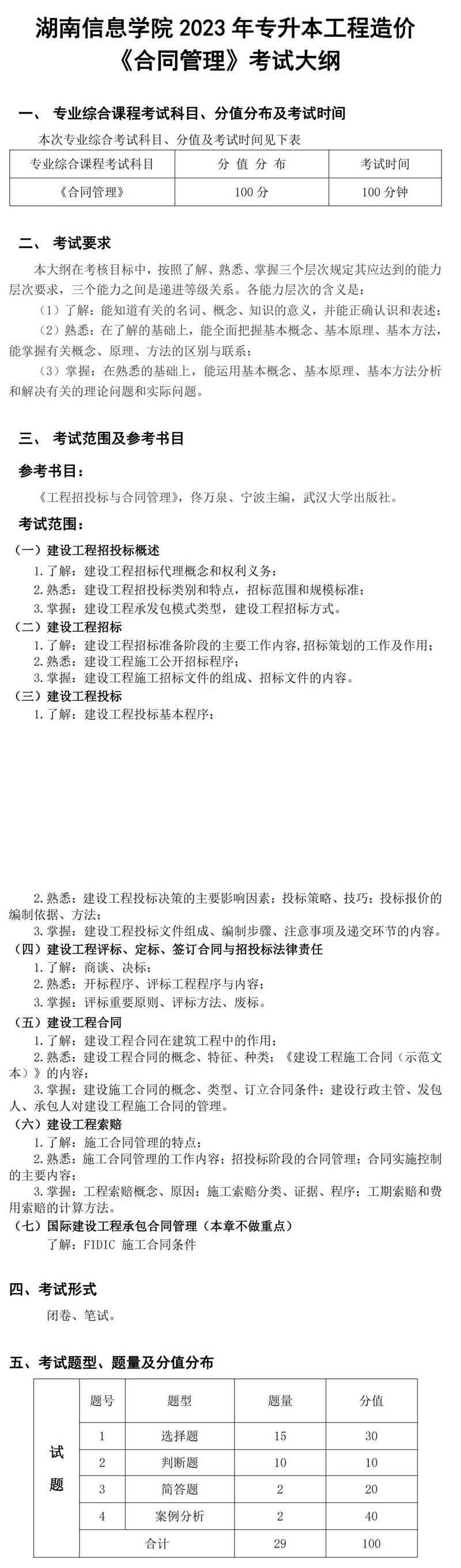 2023年湖南信息學(xué)院專升本工程造價專業(yè)《合同管理》考試大綱(圖1)