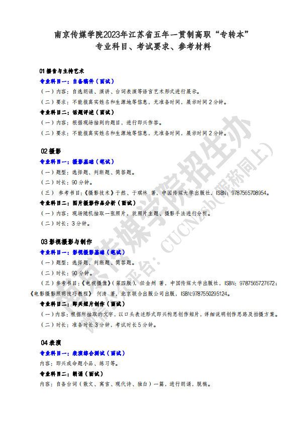 2023年南京傳媒學(xué)院五年一貫制高職“專轉(zhuǎn)本” 專業(yè)科目、考試要求、參考材料公布！(圖1)